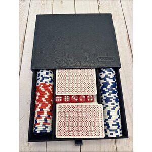 Coach Navy Leather Poker Set Cards Dice Chips In Leather Case Box & Ribbon EUC